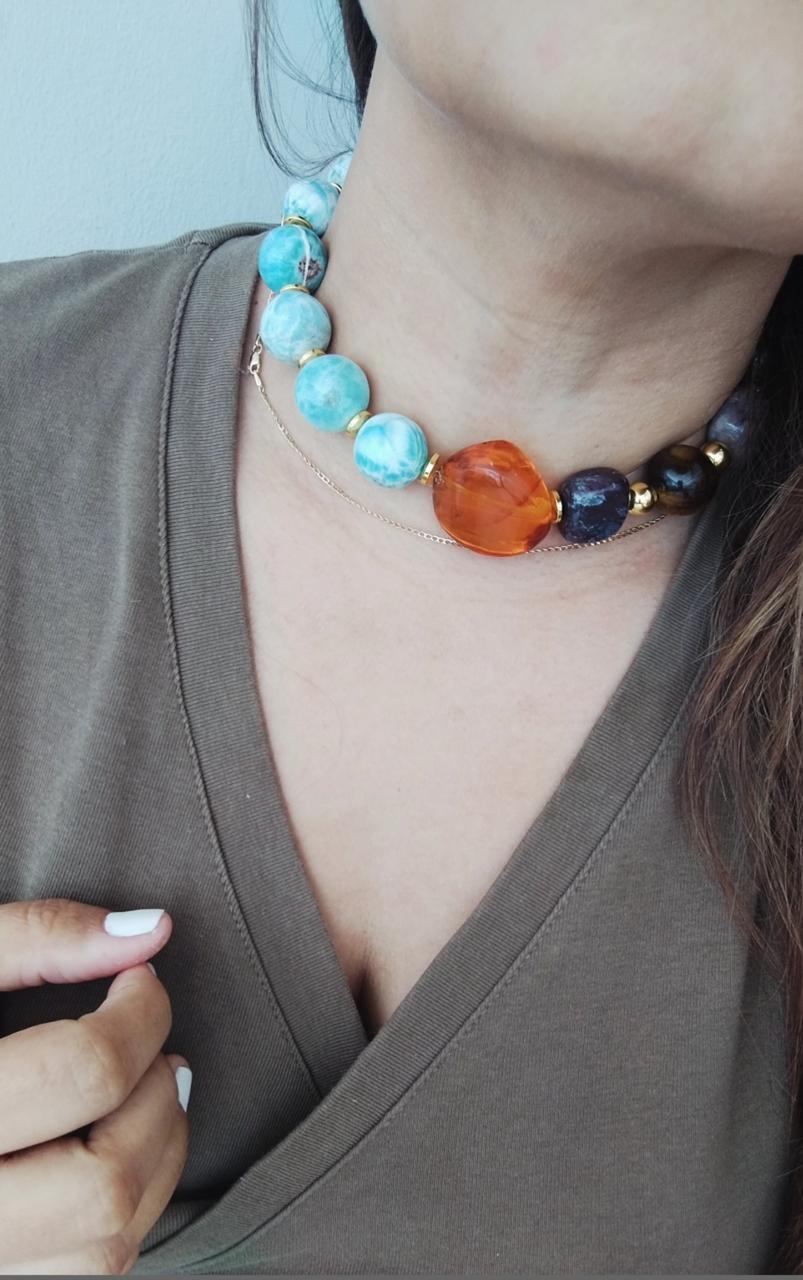 Choker Larimar, Agata y Ojo de Tigre